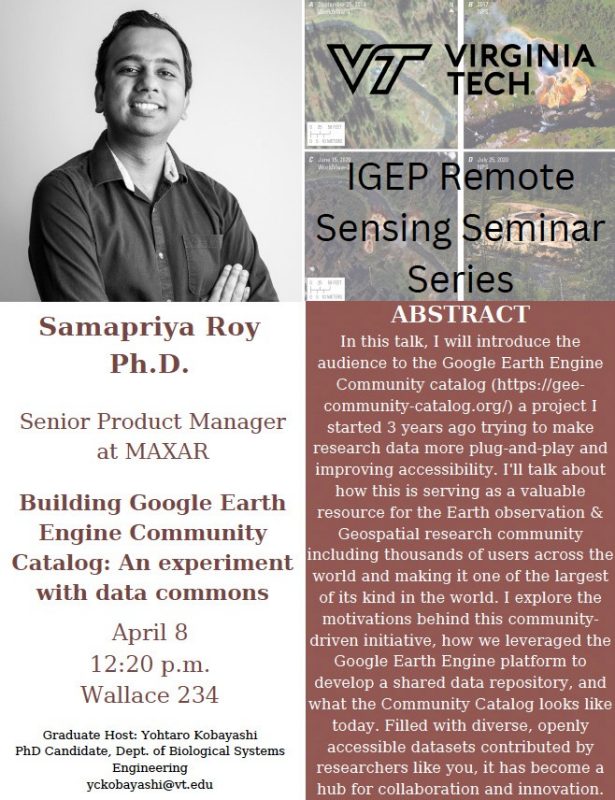 Samapriya Roy is presenting an IGEP Remote Sensing Seminar on April 8